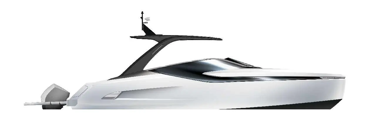 Modern white motor yacht design with a sleek profile and black accents, featuring a raised dark canopy and engine at the rear.